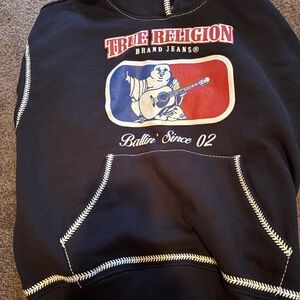 True Religion Black Hoodie with Red and Blue Accents